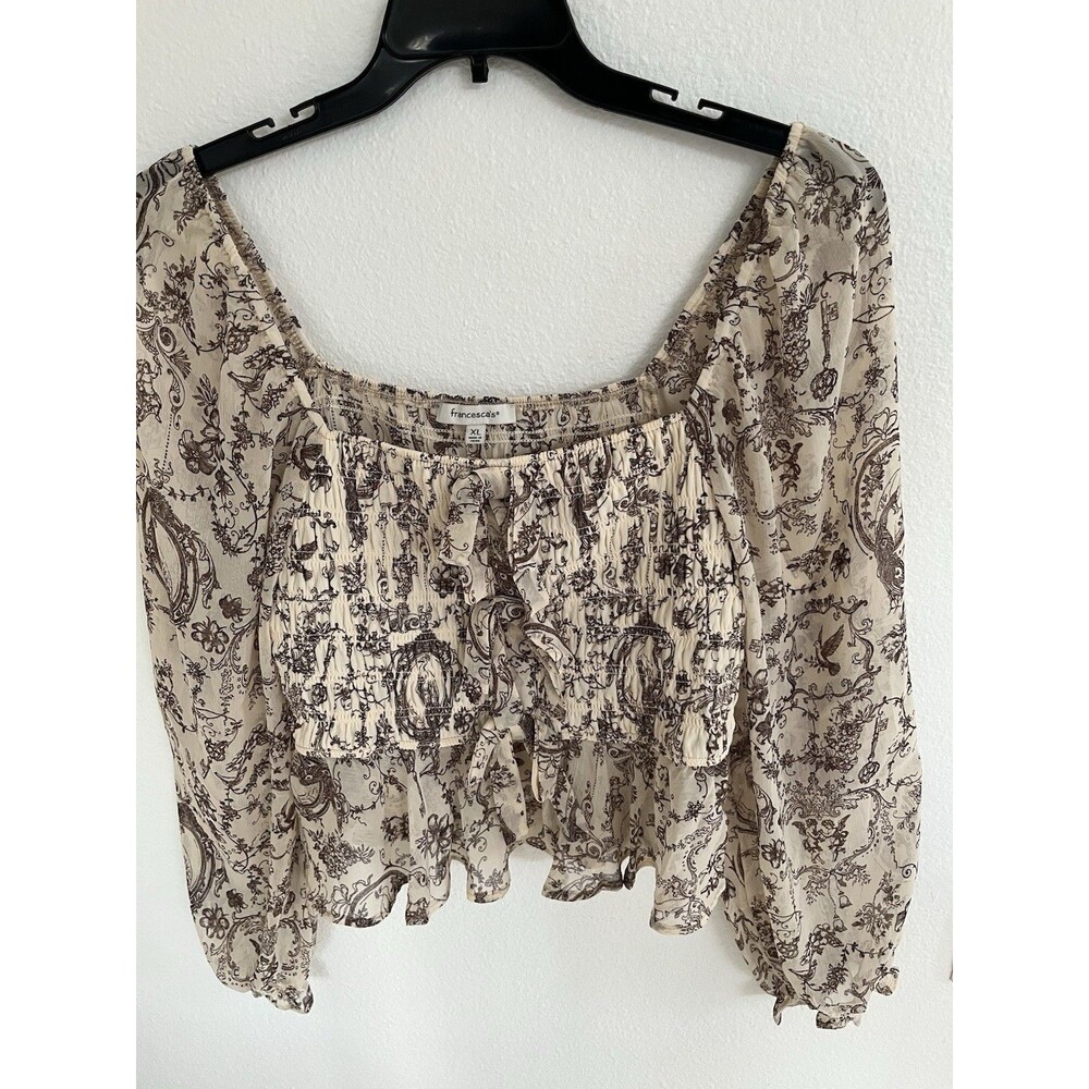 Francesca’s Women’s Peplum Top XL Ivory Brown Smocked Cropped Puff Sleeve Fairy